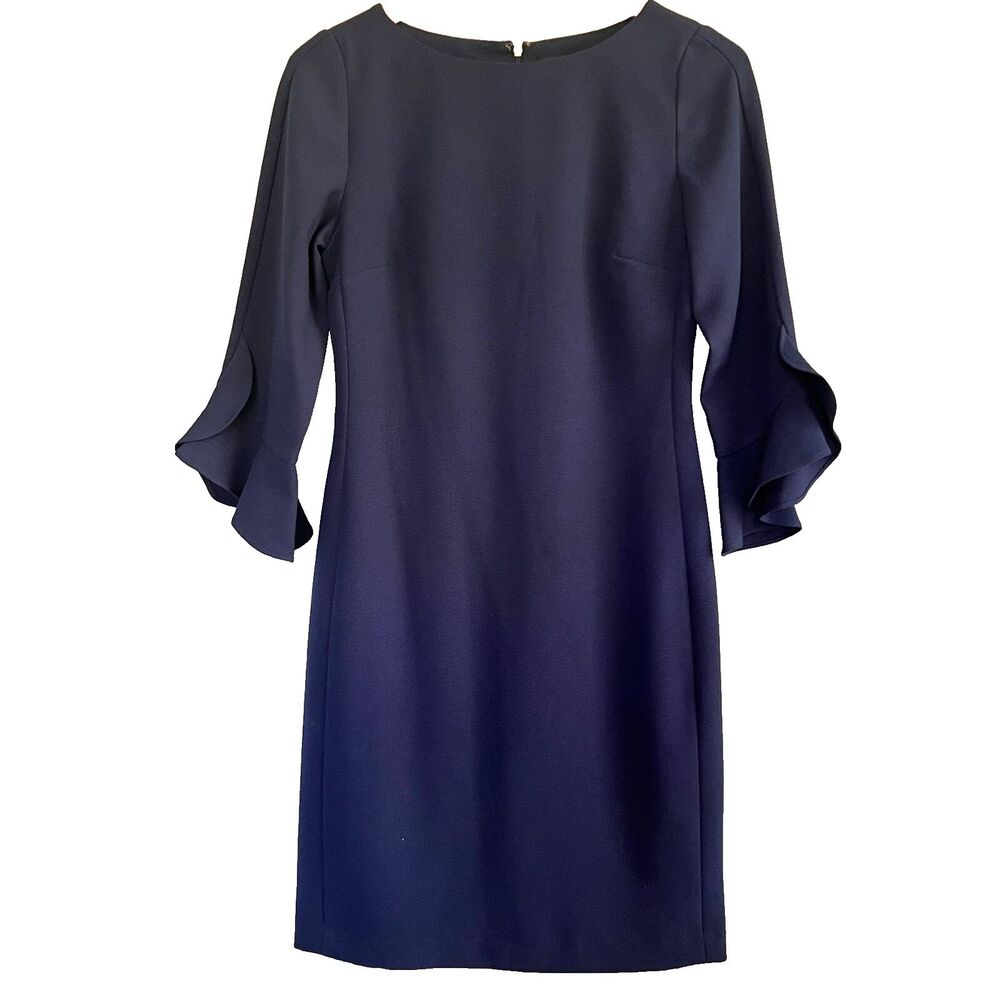 Karl Lagerfeld Shift Dress  Navy Blue Old Money Paris Tulip Bell Sleeve Sz 2
